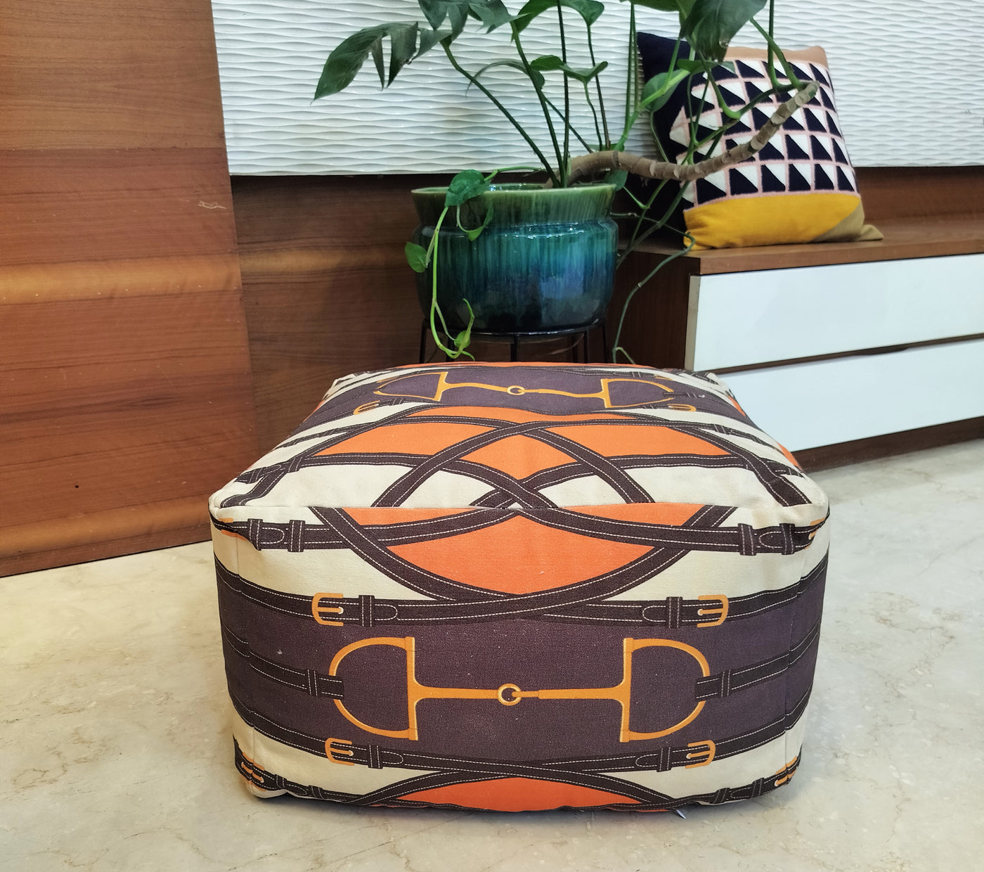 interwoven belts and buckles canvas pouffe