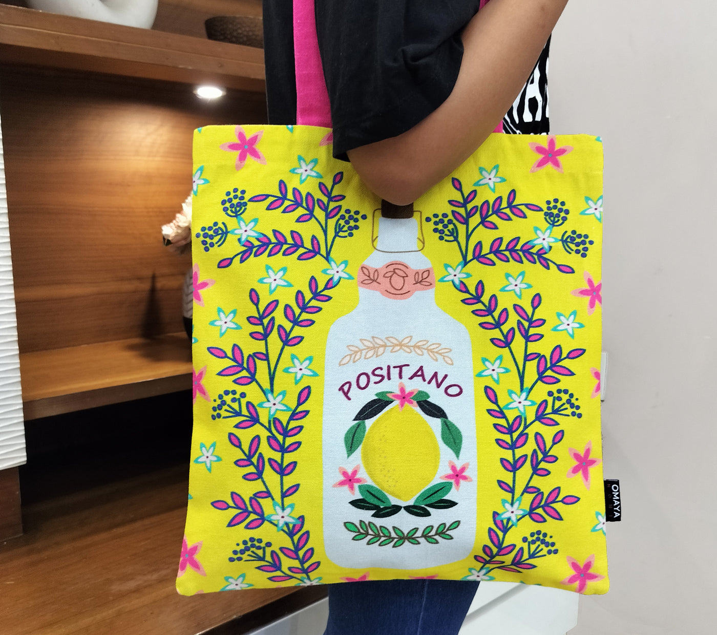 OMAYAhome Printed Positano Cotton Canvas Tote Bag 34x36 Cms