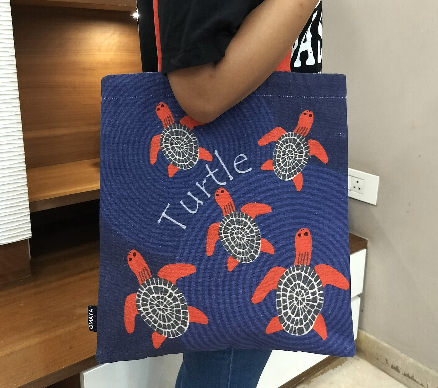 Omayahome Printed Baby Red Turtle Cotton Canvas Tote Bag 34x36 Cms