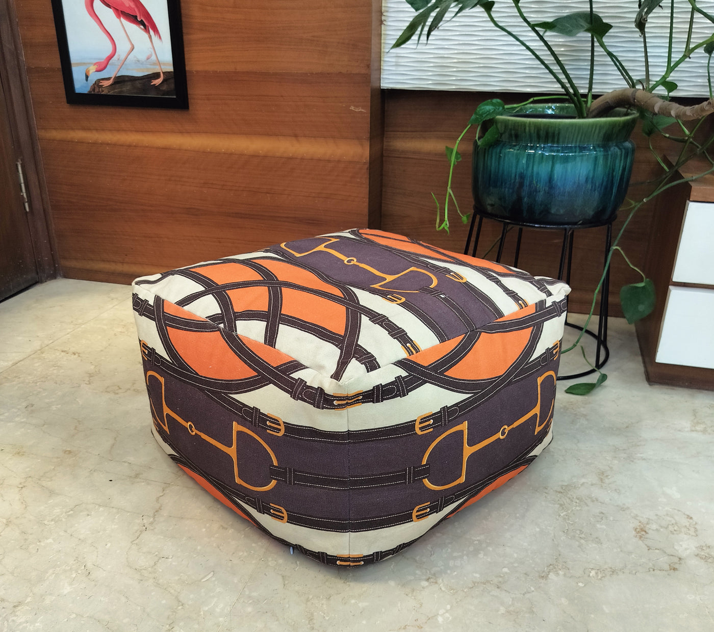 interwoven belts and buckles canvas pouffe