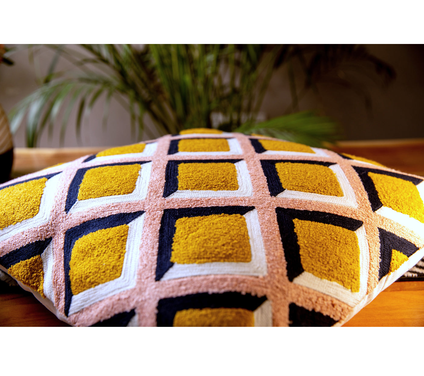 Diagonal Squares Embroidered Cushion Cover Size 50X50Cms