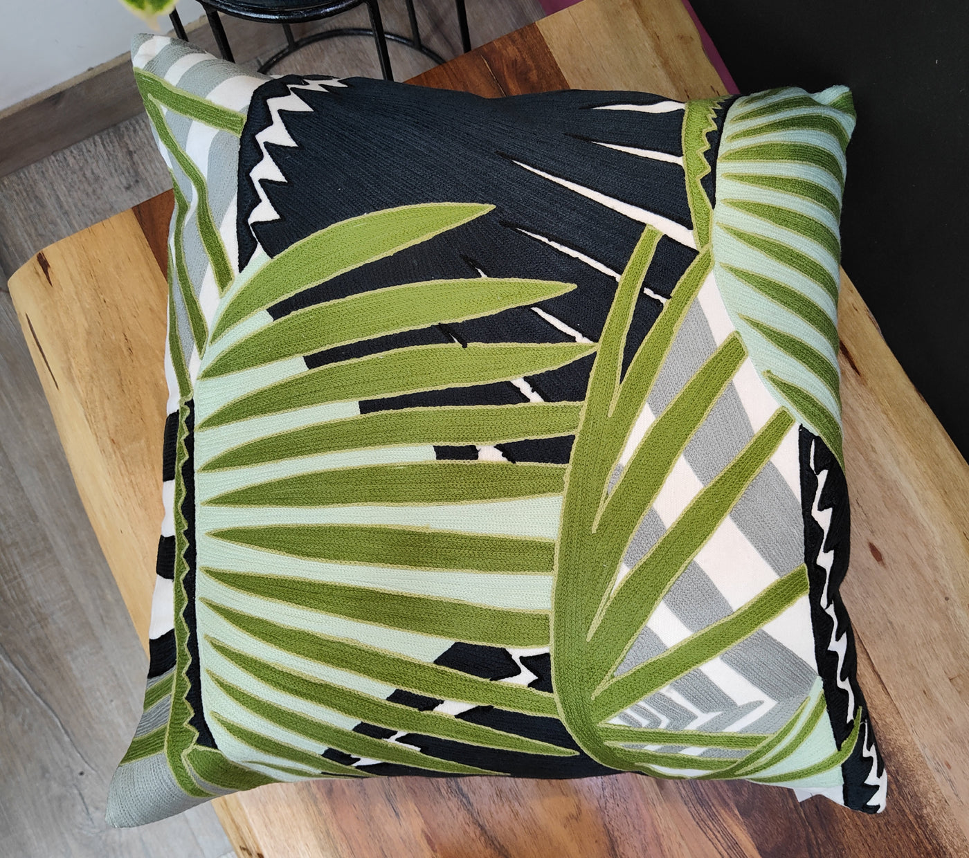 Tropical Leaves Embroidered Cushion Cover Size 50X50Cms