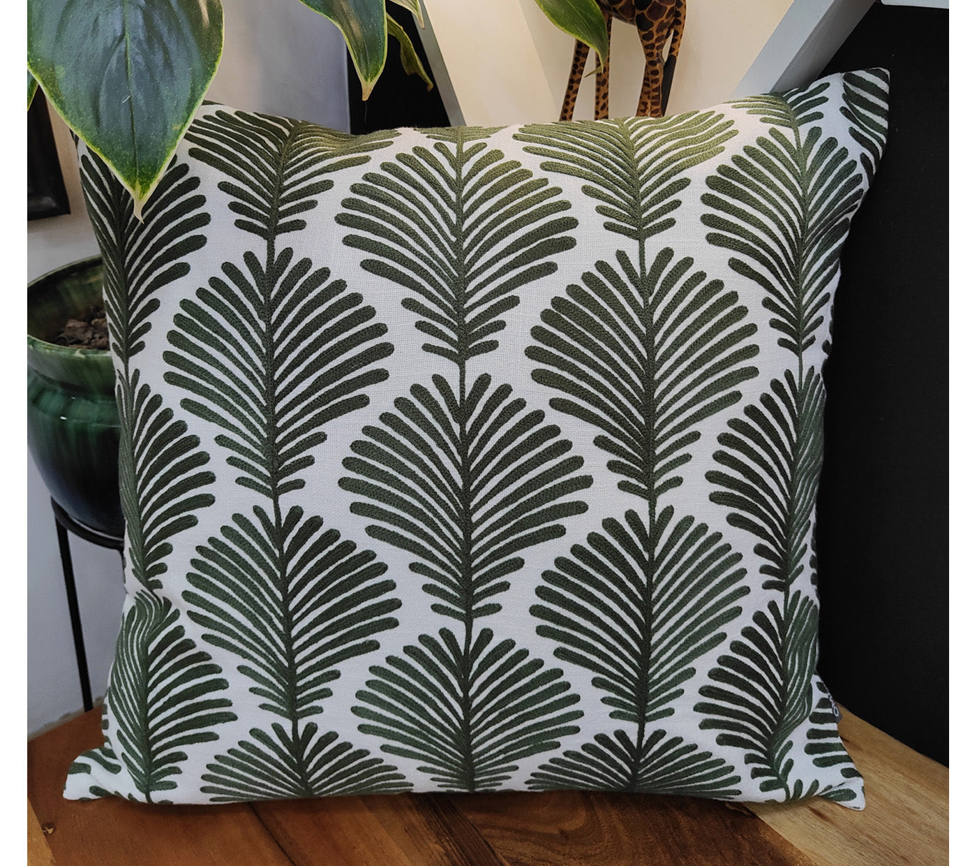 Olive Ferns Embroidered Cushion Cover Size 50X50Cms
