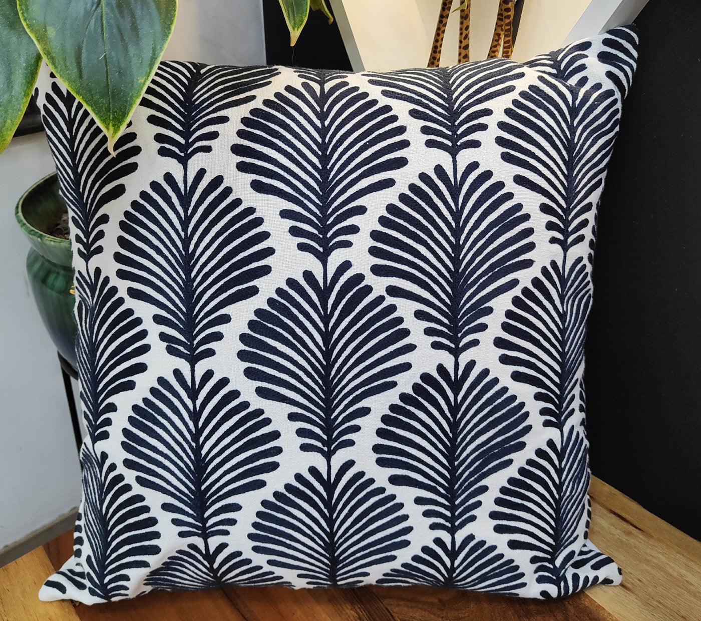 Blue Ferns Embroidered Cushion Cover Size 50X50Cms