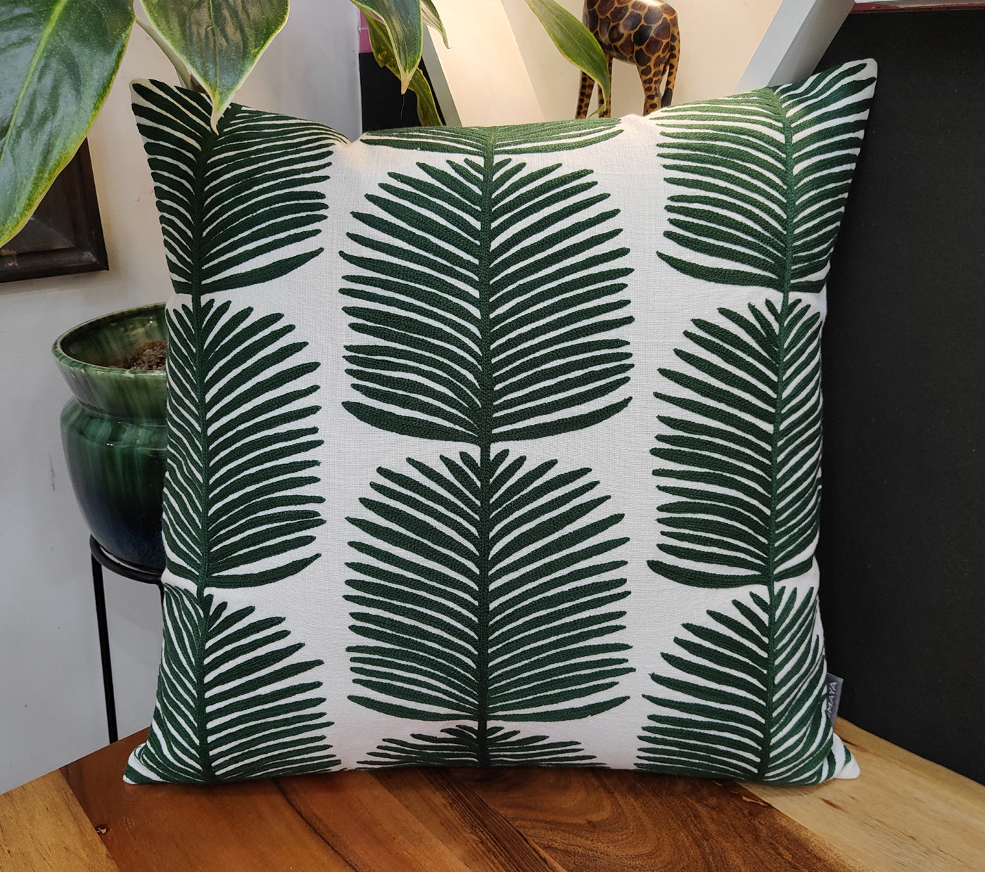 Embroidered Leaves Cotton Cushion Cover Size 50X50Cms